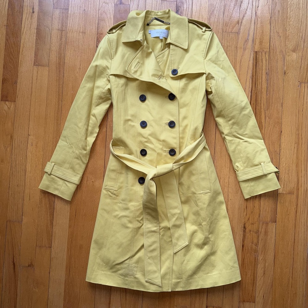 Hobbs London Double Breasted Trench‎ Coat 2 Yellow Chartreuse Belted Spring